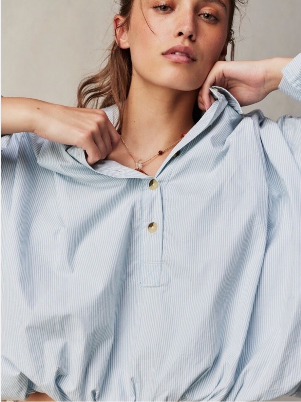 FREE PEOPLE- Light Blue Striped Bubble-Hem Button Top - Picture 3 of 12